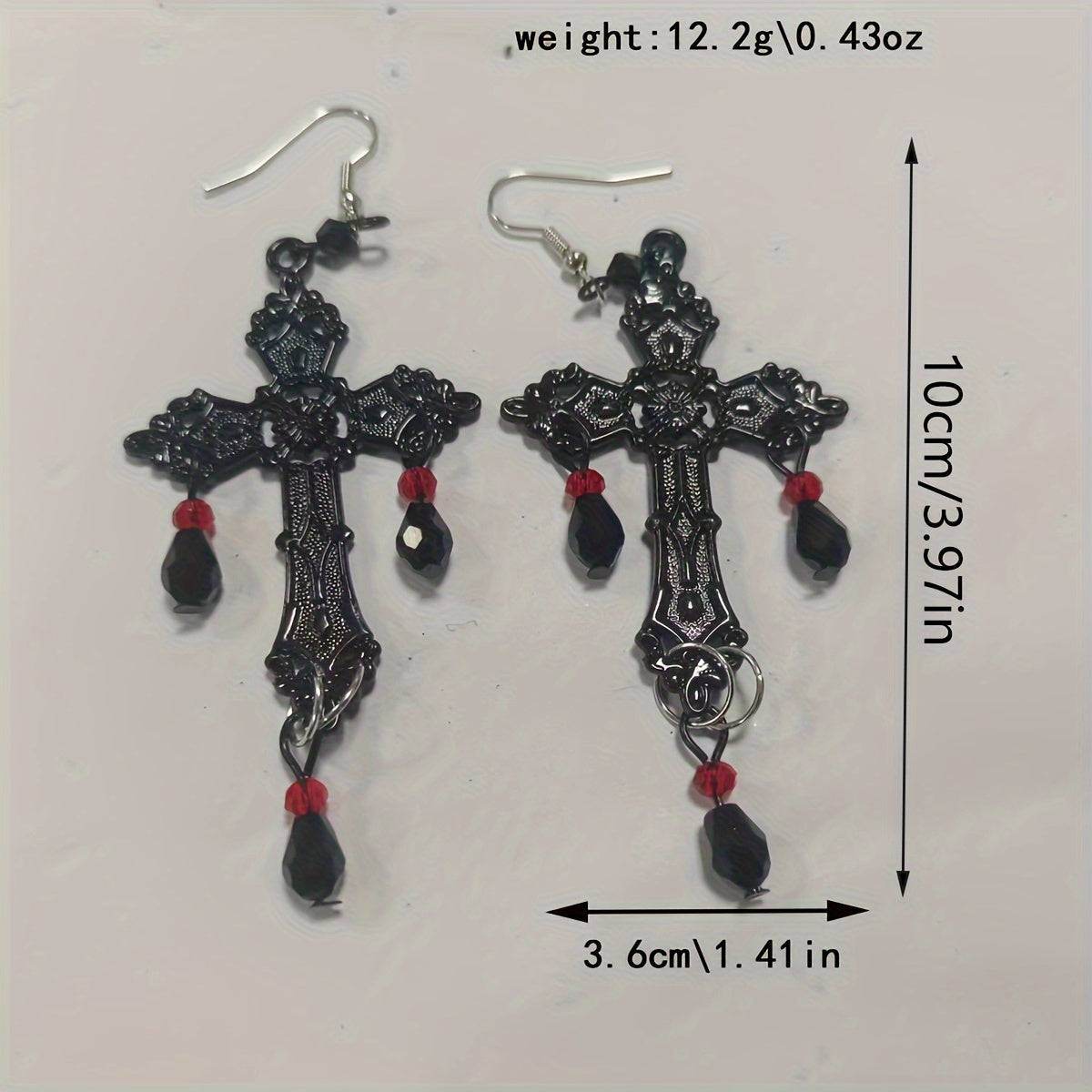 Gothic Engraved Black Cross Women's Drop Earrings with Black & Red Gemstones - Le Joyau Store - black,drop,gothic,party,vintage - 