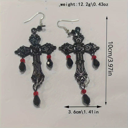 Gothic Engraved Black Cross Women's Drop Earrings with Black & Red Gemstones - Le Joyau Store - black,drop,gothic,party,vintage - 