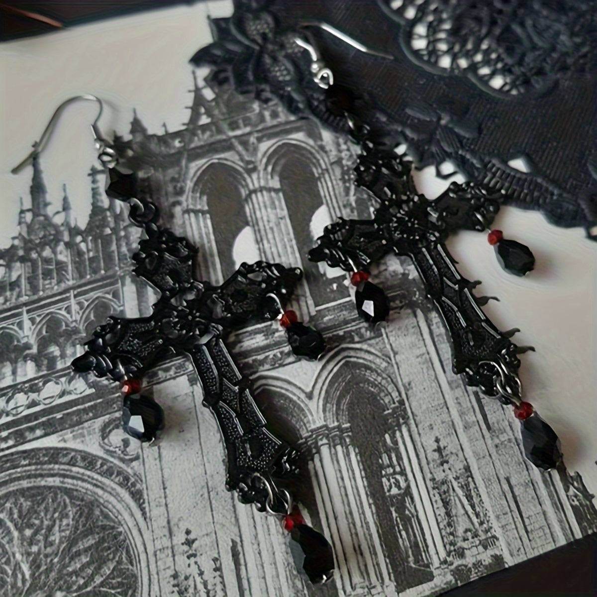 Gothic Engraved Black Cross Women's Drop Earrings with Black & Red Gemstones - Le Joyau Store - black,drop,gothic,party,vintage - 