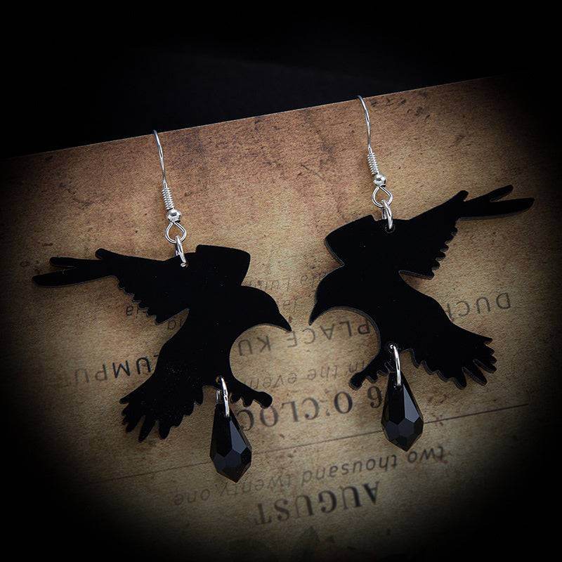 Gothic Black Crow Flat Dangle Earrings with Faux Onyx Cubic Zirconia Gemstones - Le Joyau Store - Alloy,Black,Drop,Punk,Zircon - 