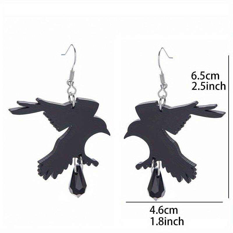 Gothic Black Crow Flat Dangle Earrings with Faux Onyx Cubic Zirconia Gemstones - Le Joyau Store - Alloy,Black,Drop,Punk,Zircon - 
