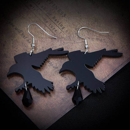 Gothic Black Crow Flat Dangle Earrings with Faux Onyx Cubic Zirconia Gemstones - Le Joyau Store - Alloy,Black,Drop,Punk,Zircon - 