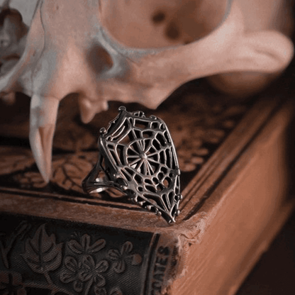 Exquisite Gothic Spiderweb Shield Antique Silver Vintage Open Ring - Le Joyau Store - copper,dark,festival,gothic,vintage - 