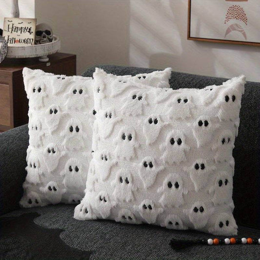 Halloween Ghost Throw Pillow Cover - 18x18 Inch White Cotton Plush Cushion Case (Set of 2) - Le Joyau Store - cushion cover,halloween decor,pillowcase,white - 