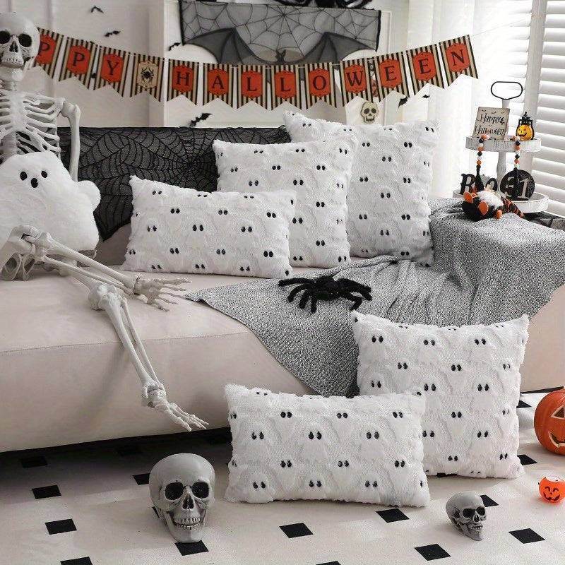 Halloween Ghost Throw Pillow Cover - 18x18 Inch White Cotton Plush Cushion Case (Set of 2) - Le Joyau Store - cushion cover,halloween decor,pillowcase,white - 
