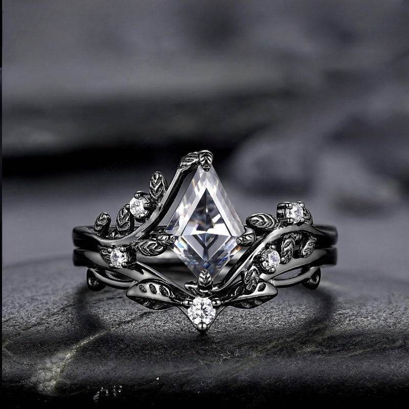 Black Gothic Kite Shaped Crystal Vintage Leaf Women's Rings (2 Pcs Set) - Le Joyau Store - Black,Copper,Floral,Vine,Zircon - 5