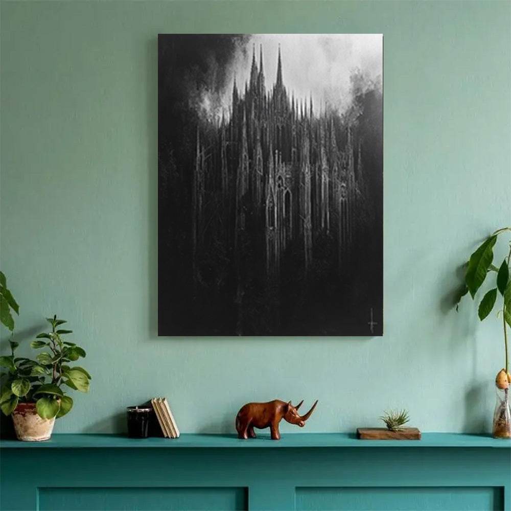 Gothic Towering Cathedral Spires Painting Black & White Mysterious Canvas Art Print - Le Joyau Store - Black White,Gothic,Home Decor,Pinewood,Wall Art - 12inX18in(30X45cm)