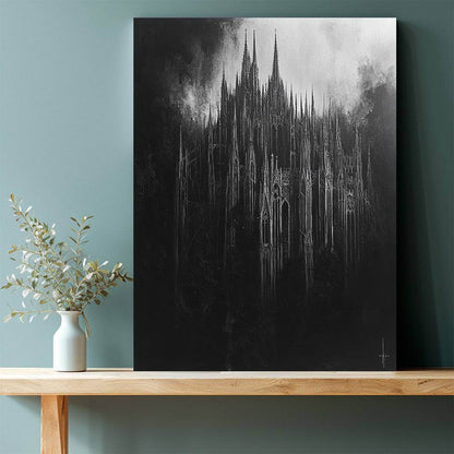 Gothic Towering Cathedral Spires Painting Black & White Mysterious Canvas Art Print - Le Joyau Store - Black White,Gothic,Home Decor,Pinewood,Wall Art - 12inX18in(30X45cm)