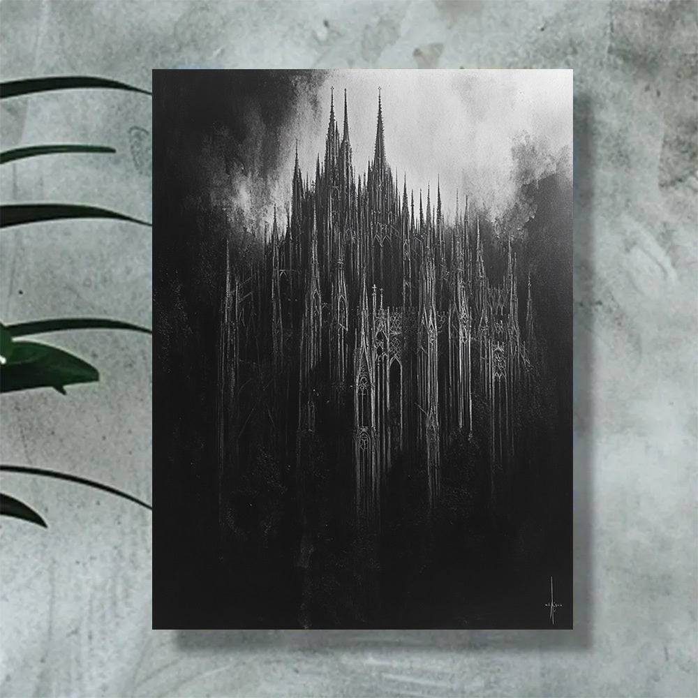 Gothic Towering Cathedral Spires Painting Black & White Mysterious Canvas Art Print - Le Joyau Store - Black White,Gothic,Home Decor,Pinewood,Wall Art - 12inX18in(30X45cm)