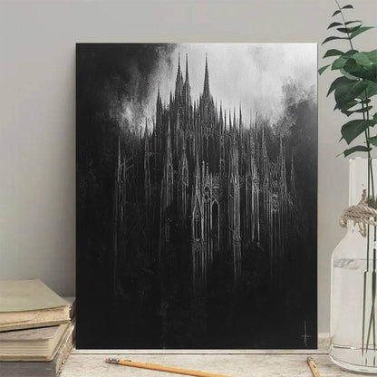 Gothic Towering Cathedral Spires Painting Black & White Mysterious Canvas Art Print - Le Joyau Store - Black White,Gothic,Home Decor,Pinewood,Wall Art - 12inX18in(30X45cm)