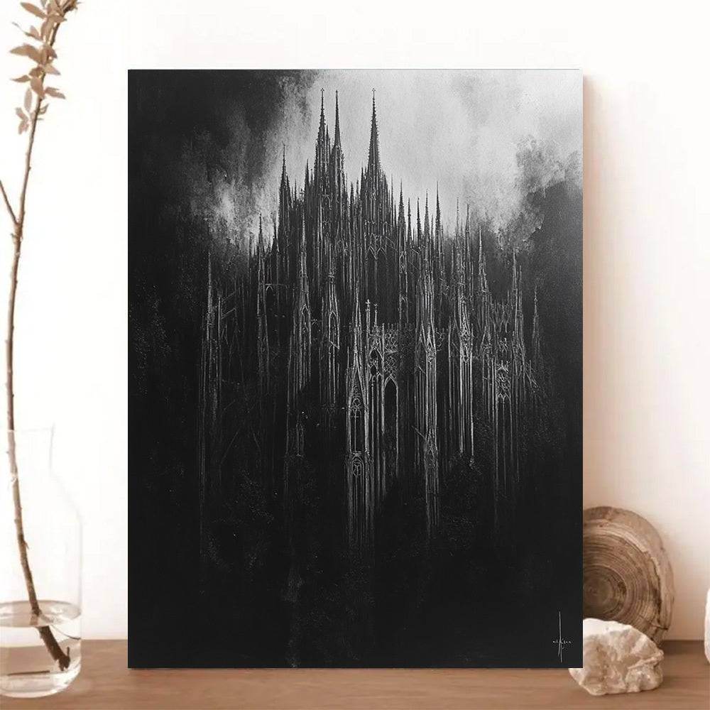 Gothic Towering Cathedral Spires Painting Black & White Mysterious Canvas Art Print - Le Joyau Store - Black White,Gothic,Home Decor,Pinewood,Wall Art - 12inX18in(30X45cm)