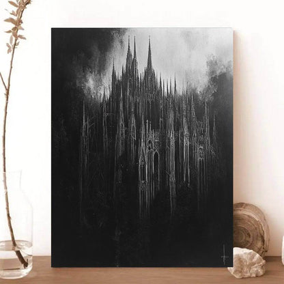 Gothic Towering Cathedral Spires Painting Black & White Mysterious Canvas Art Print - Le Joyau Store - Black White,Gothic,Home Decor,Pinewood,Wall Art - 12inX18in(30X45cm)