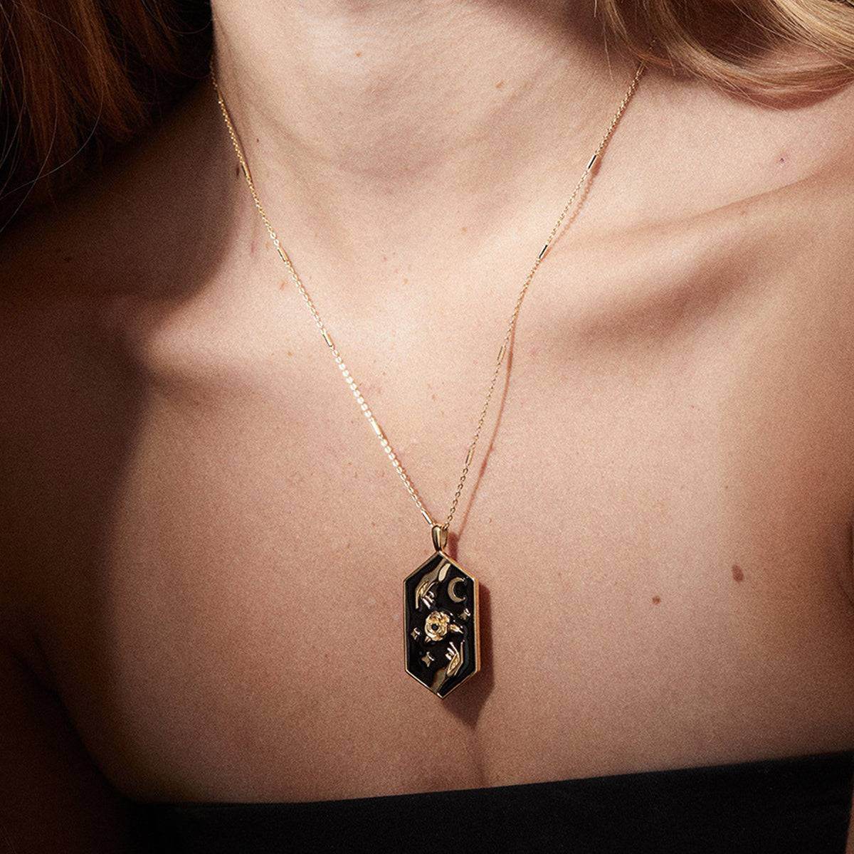 Gothic Hexagon Carved Rose Vintage Tarot Moon & Stars Women's Necklace - Le Joyau Store - Choker,Copper,Gift,Star Moon,Vintage - Golden