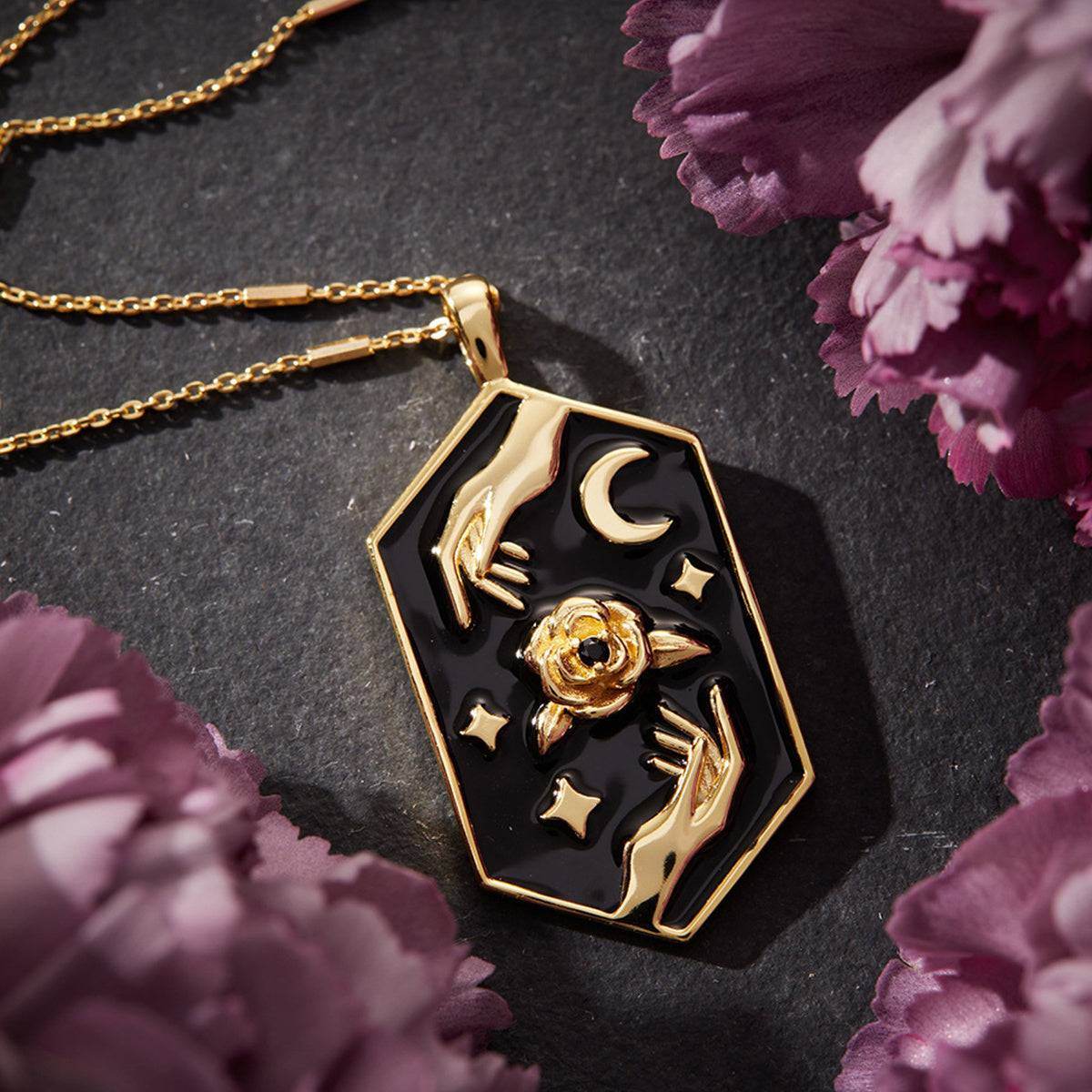 Gothic Hexagon Carved Rose Vintage Tarot Moon & Stars Women's Necklace - Le Joyau Store - Choker,Copper,Gift,Star Moon,Vintage - Golden