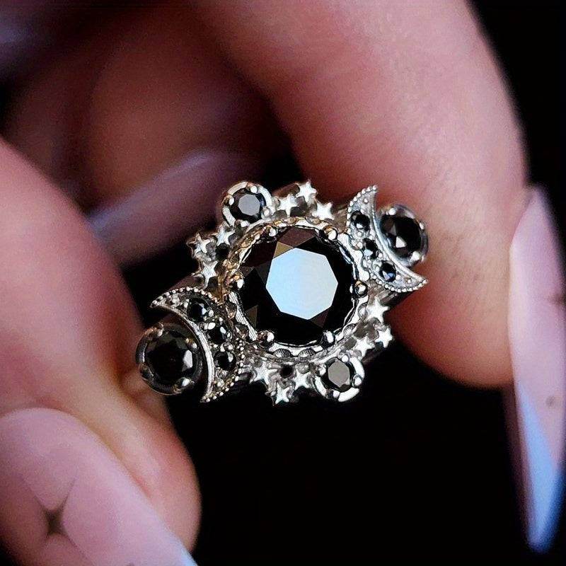 Black & Silver Gothic Triple Moon Goddess Witches Symbol Ring - Le Joyau Store - Black,Cubic Z,Gothic,Moon,Vintage - 6