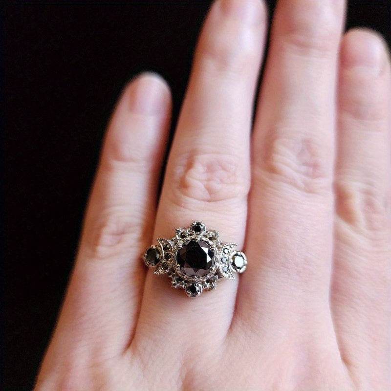 Black & Silver Gothic Triple Moon Goddess Witches Symbol Ring - Le Joyau Store - Black,Cubic Z,Gothic,Moon,Vintage - 6
