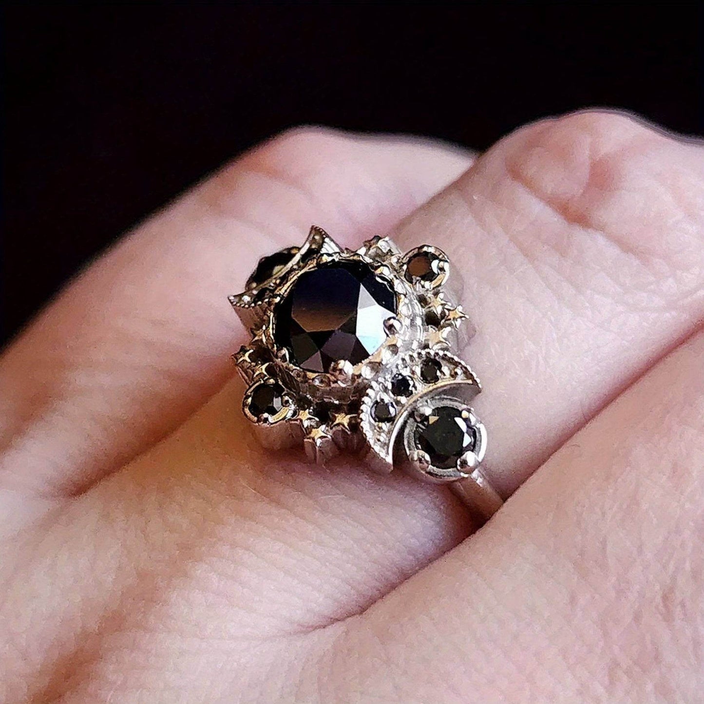Black & Silver Gothic Triple Moon Goddess Witches Symbol Ring - Le Joyau Store - Black,Cubic Z,Gothic,Moon,Vintage - 6