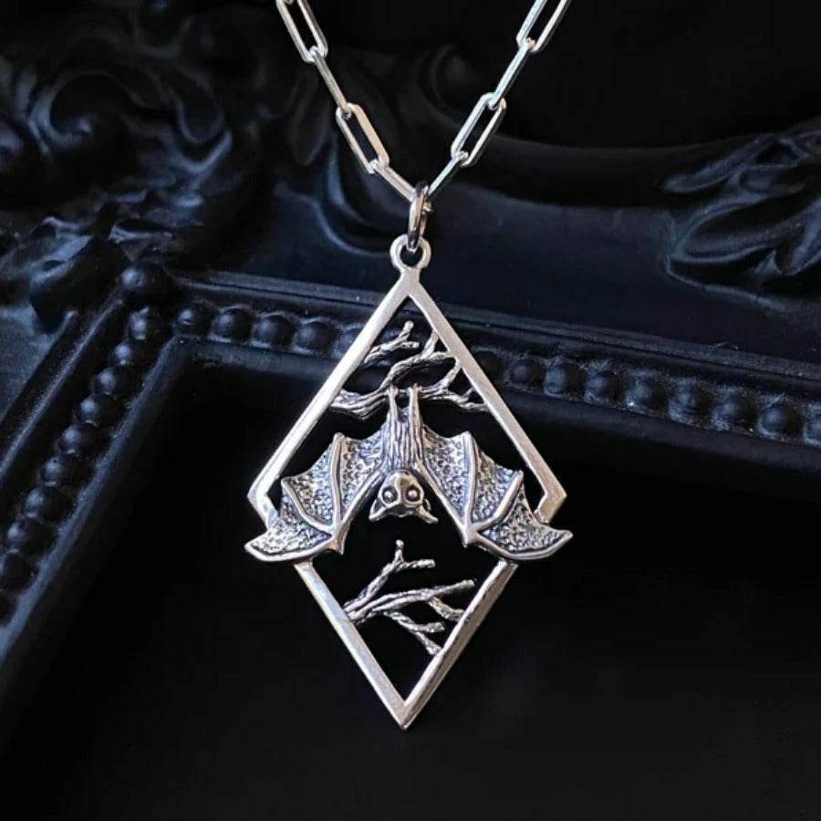 Enchanting Upside-Down Bat & Tree Branch Night Scene Silver Pendant Necklace - Le Joyau Store - bat,gifts,halloween,punk,silver - 