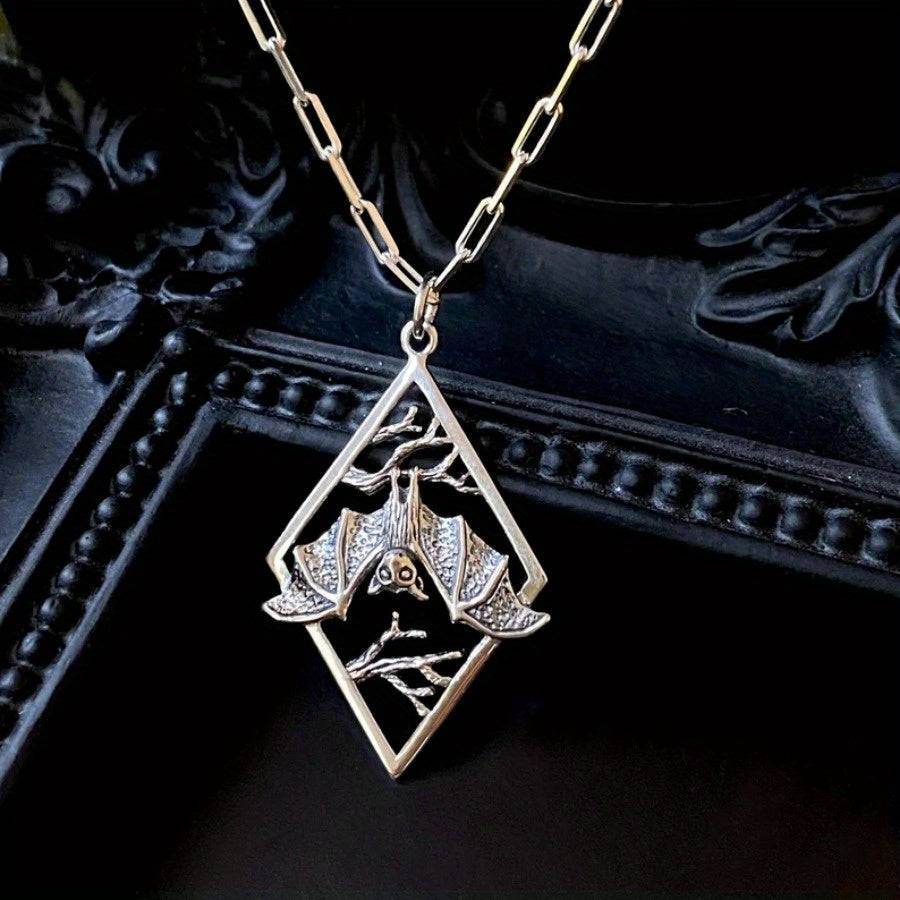 Enchanting Upside-Down Bat & Tree Branch Night Scene Silver Pendant Necklace - Le Joyau Store - bat,gifts,halloween,punk,silver - 