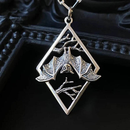 Enchanting Upside-Down Bat & Tree Branch Night Scene Silver Pendant Necklace - Le Joyau Store - bat,gifts,halloween,punk,silver - 