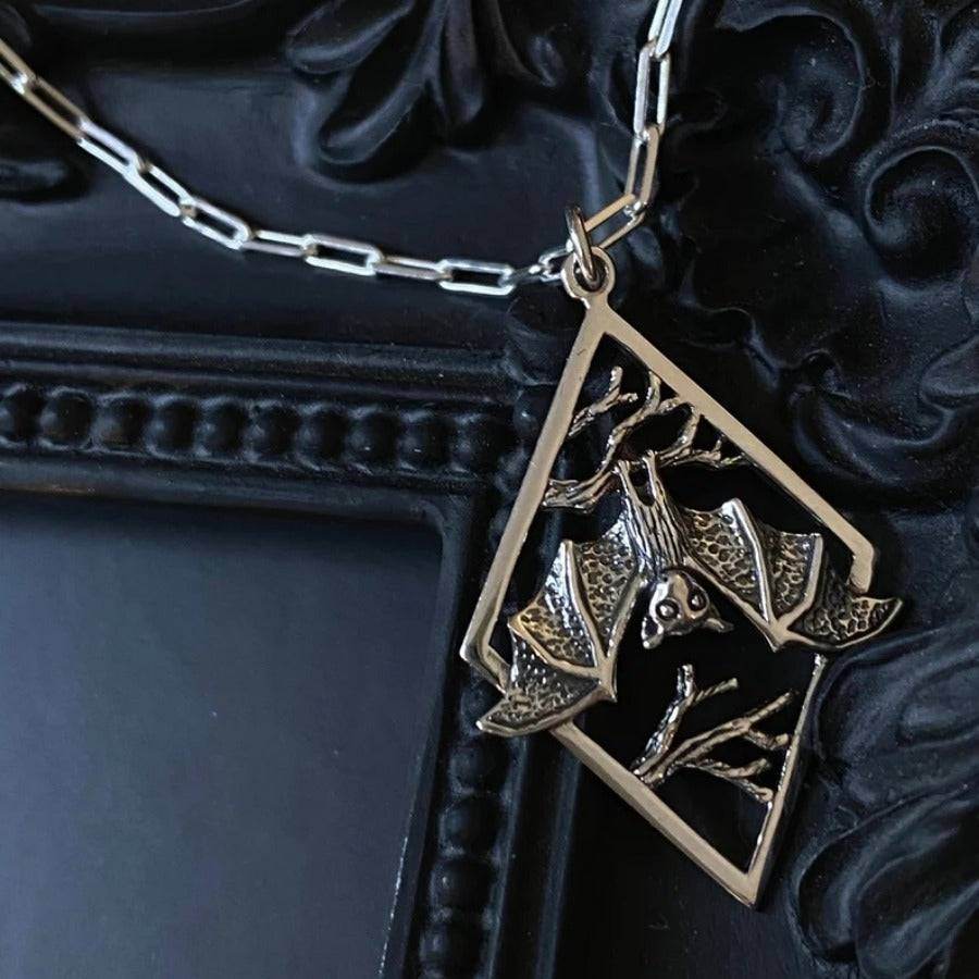 Enchanting Upside-Down Bat & Tree Branch Night Scene Silver Pendant Necklace - Le Joyau Store - bat,gifts,halloween,punk,silver - 