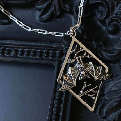 Enchanting Upside-Down Bat & Tree Branch Night Scene Silver Pendant Necklace - Le Joyau Store - bat,gifts,halloween,punk,silver - 