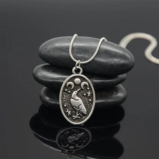 Antique Odin Raven Triple Moon Goddess Nordic Viking Gothic Witches Pendant Necklace - Le Joyau Store - Antique,Odin,Pagan,Triple Moon,Witchcraft - Rope Chain Bronze