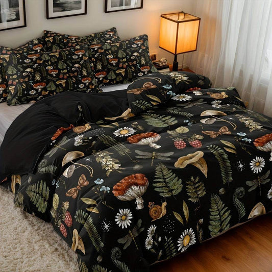 Dark Enchanted Forest Mythical Woodland Mushroom & Flowers Bedding & Quilt Cover Set - Le Joyau Store - Floral,Mushroom,Polyester,Soft - Twin (68.11''*90.16'')
