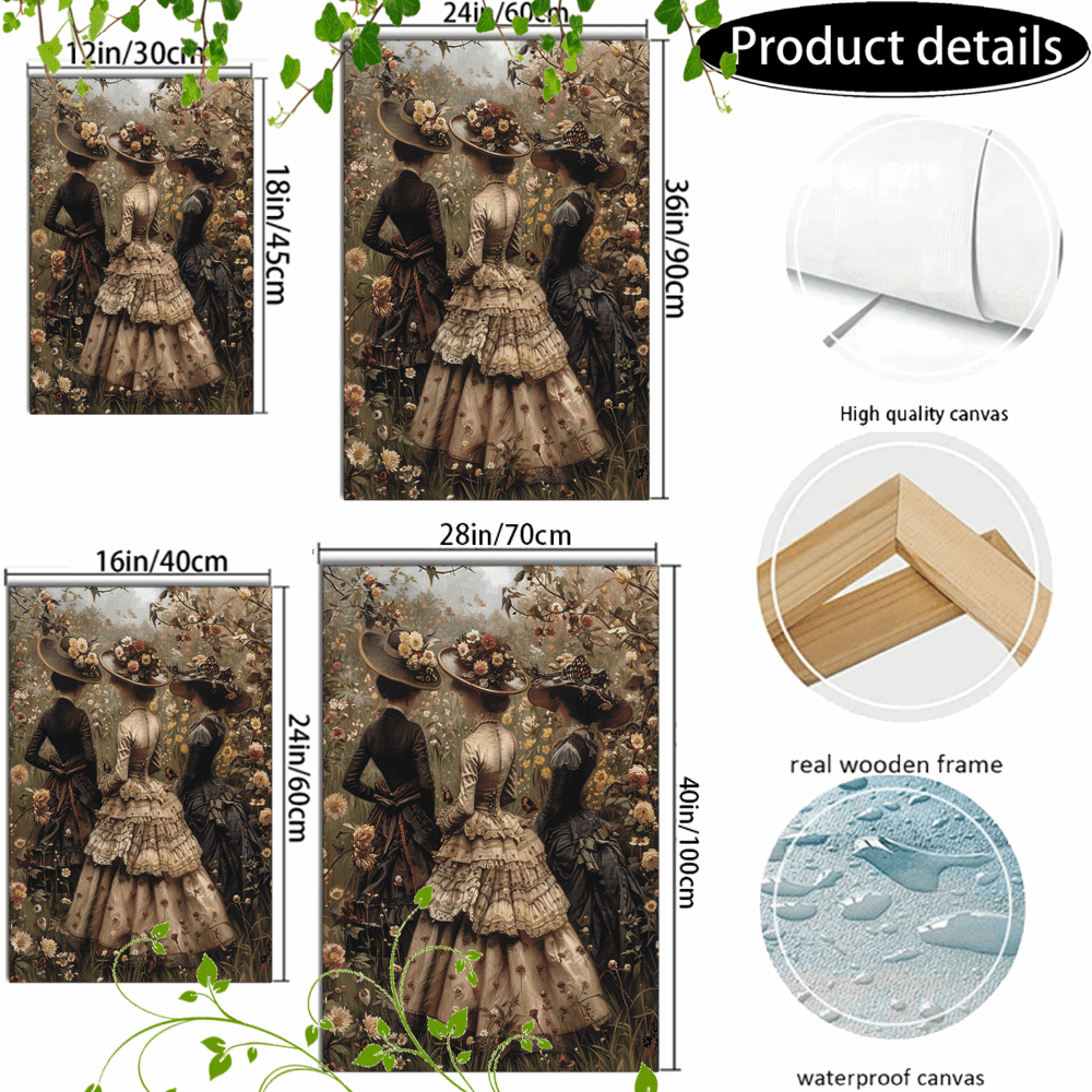 Vintage Victorian Women Ball Gown Floral Garden Wooden Framed Canvas Art Print - Le Joyau Store - Canvas,Decor,Nature,Spring,Victorian - 36*24in