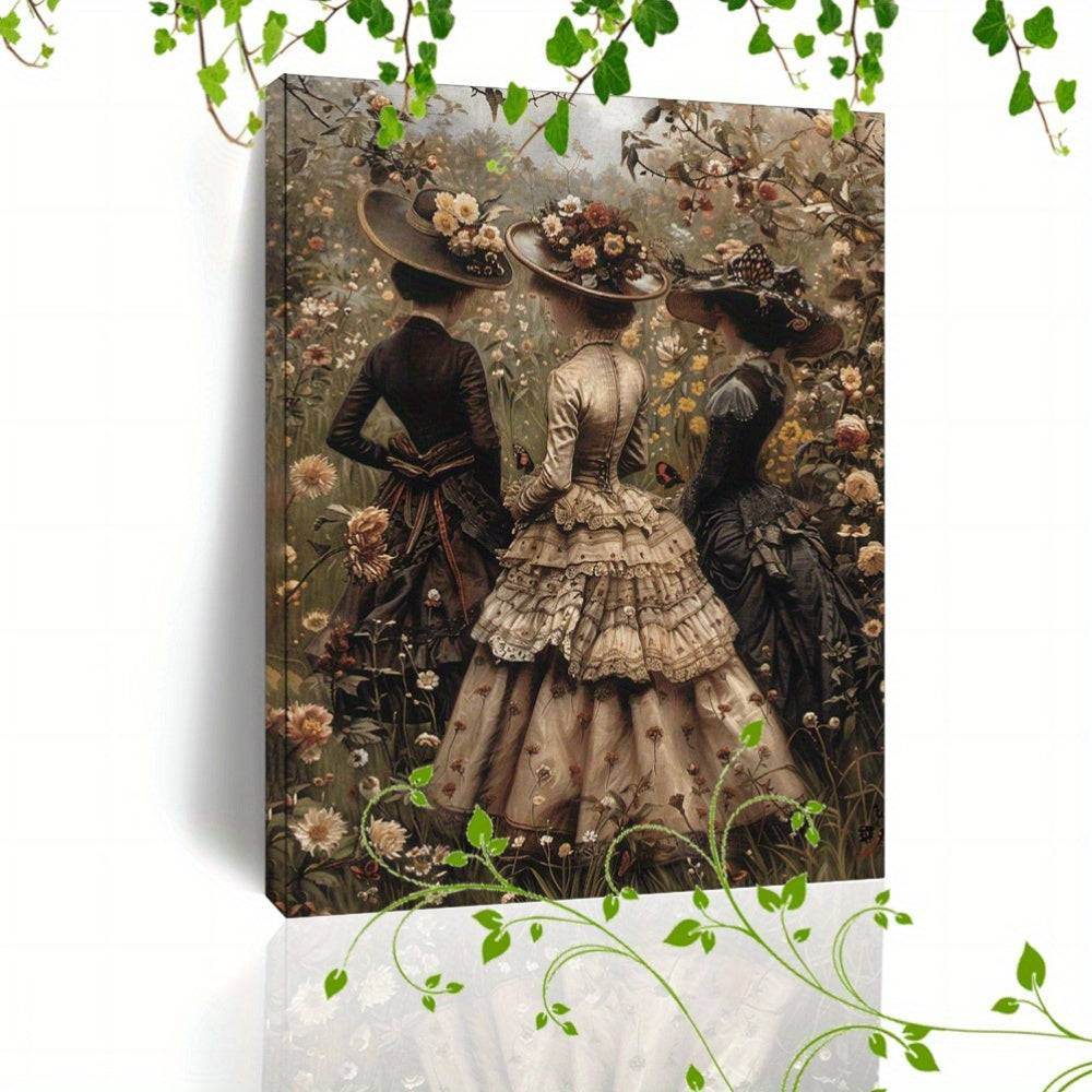 Vintage Victorian Women Ball Gown Floral Garden Wooden Framed Canvas Art Print - Le Joyau Store - Canvas,Decor,Nature,Spring,Victorian - 36*24in
