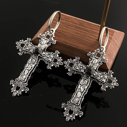 Vintage Gothic Religious Silver Filigree Cross Unisex Hoop Earrings with Black Accents - Le Joyau Store - alloy,black,filigree,hip hop,vintage - 