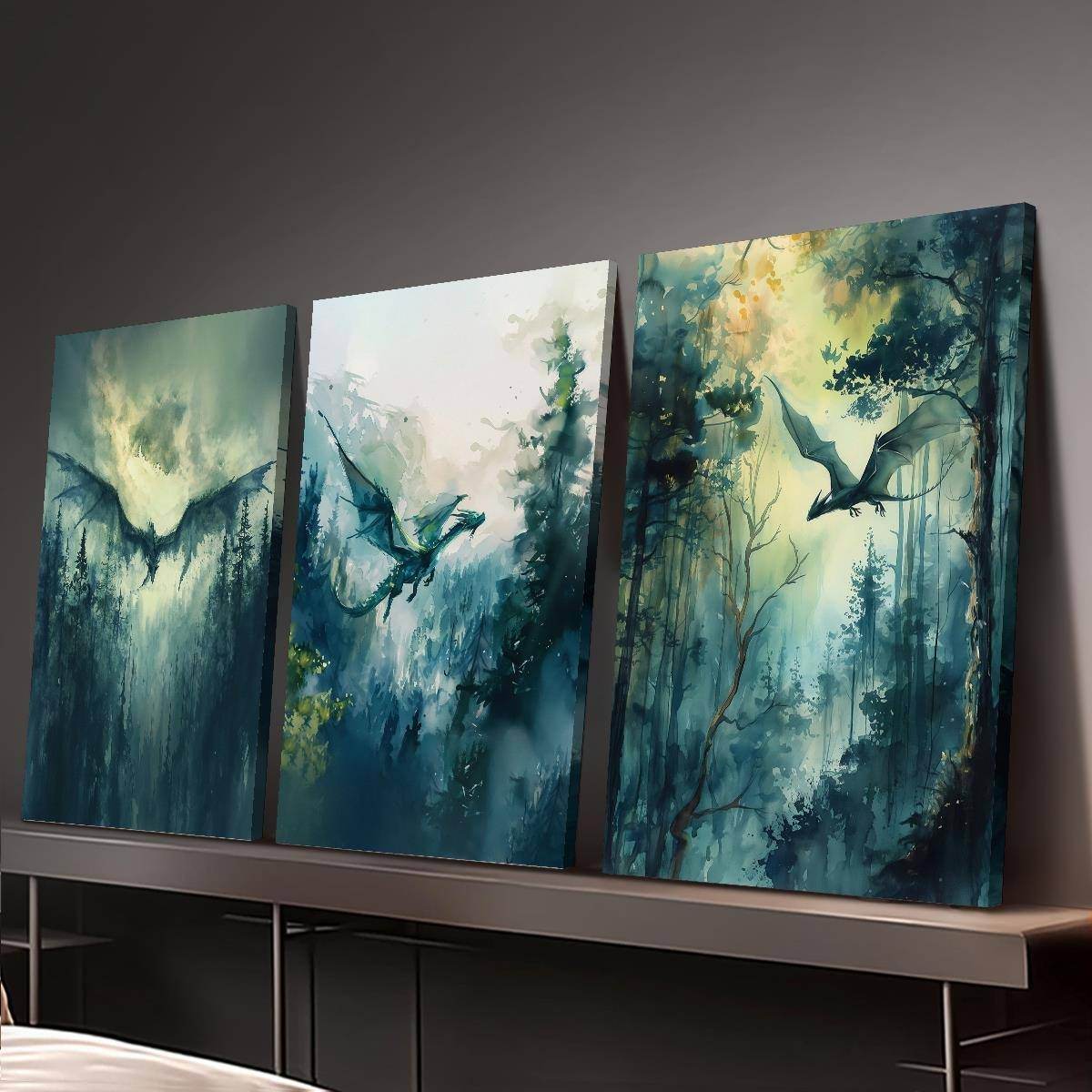Mythical Dragon Abstract Watercolor Dark Fantasy Gothic Canvas Art Print (3pcs) - Le Joyau Store - Fantasy,Indoor,Mythical,Watercolor,Wood Frame - 36*24inch(90*60cm)