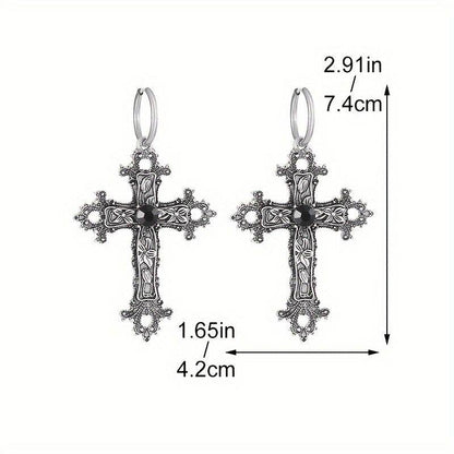 Vintage Gothic Religious Silver Filigree Cross Unisex Hoop Earrings with Black Accents - Le Joyau Store - alloy,black,filigree,hip hop,vintage - 