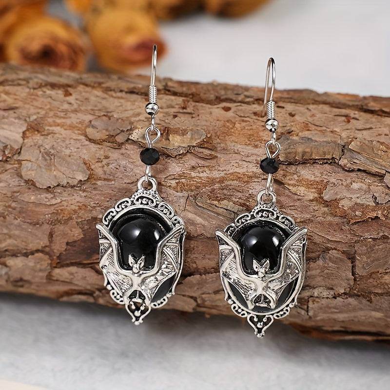 Vintage Gothic Bat Earrings – Victorian Black Stone & Silver Dangle Cameo Earrings - Le Joyau Store - Drop,Gothic,Halloween,Silvery,Vintage - Bat