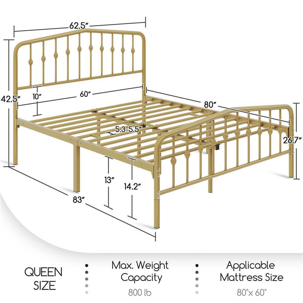 Rustic Metal Bedframe Queen/Full/Twin Size Platform Bed with Arched Crown Headboard & Footboard - Le Joyau Store - Gold,Metal,Modern,Queen,Storage - Full / Antique Gold