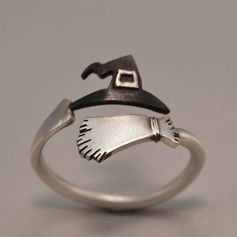 Magical Witches Hat & Broomstick Halloween Adjustable Silver Ring - Le Joyau Store - Alloy,BohoRing,Gift,Pumpkin,WitchHat - 
