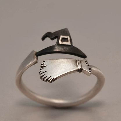 Magical Witches Hat & Broomstick Halloween Adjustable Silver Ring - Le Joyau Store - Alloy,BohoRing,Gift,Pumpkin,WitchHat - 