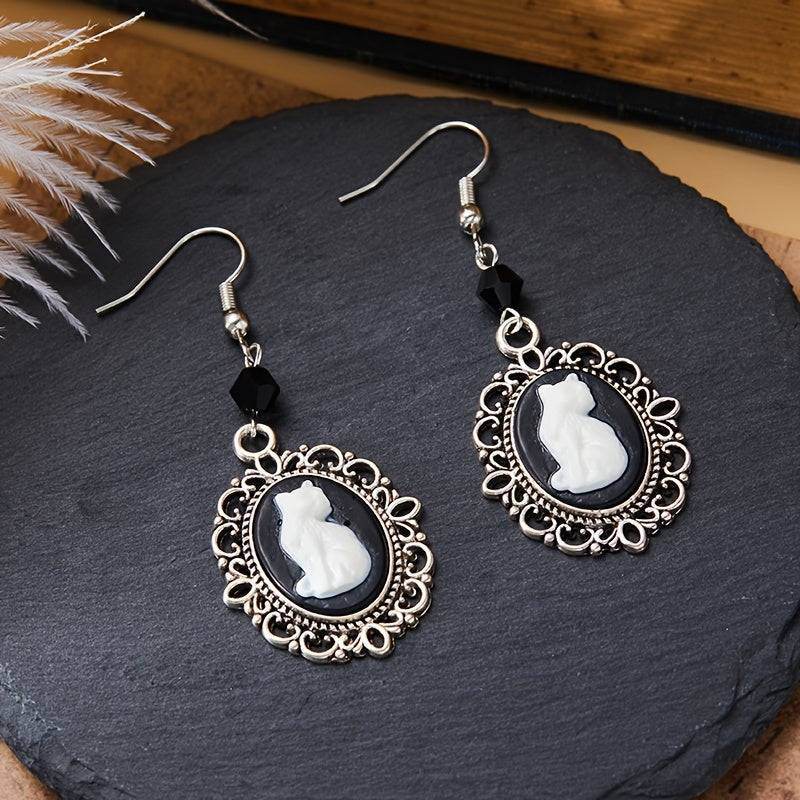 Gothic Black & White Cat Vintage Filigree Cameo Women's Dangle Earrings - Le Joyau Store - beaded,black,vintage - 
