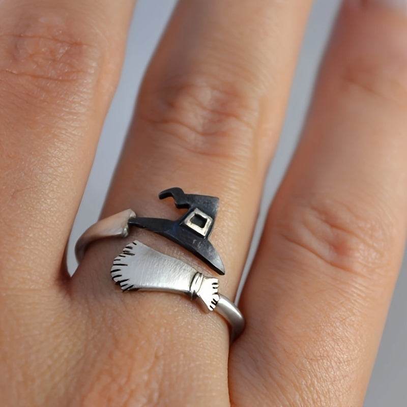 Magical Witches Hat & Broomstick Halloween Adjustable Silver Ring - Le Joyau Store - Alloy,BohoRing,Gift,Pumpkin,WitchHat - 