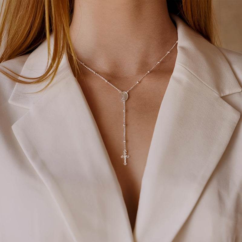 Italian 925 Sterling Silver Y-Shaped Religious Rosary Cross Necklace - Le Joyau Store - rosary,silver,zircon - Gold