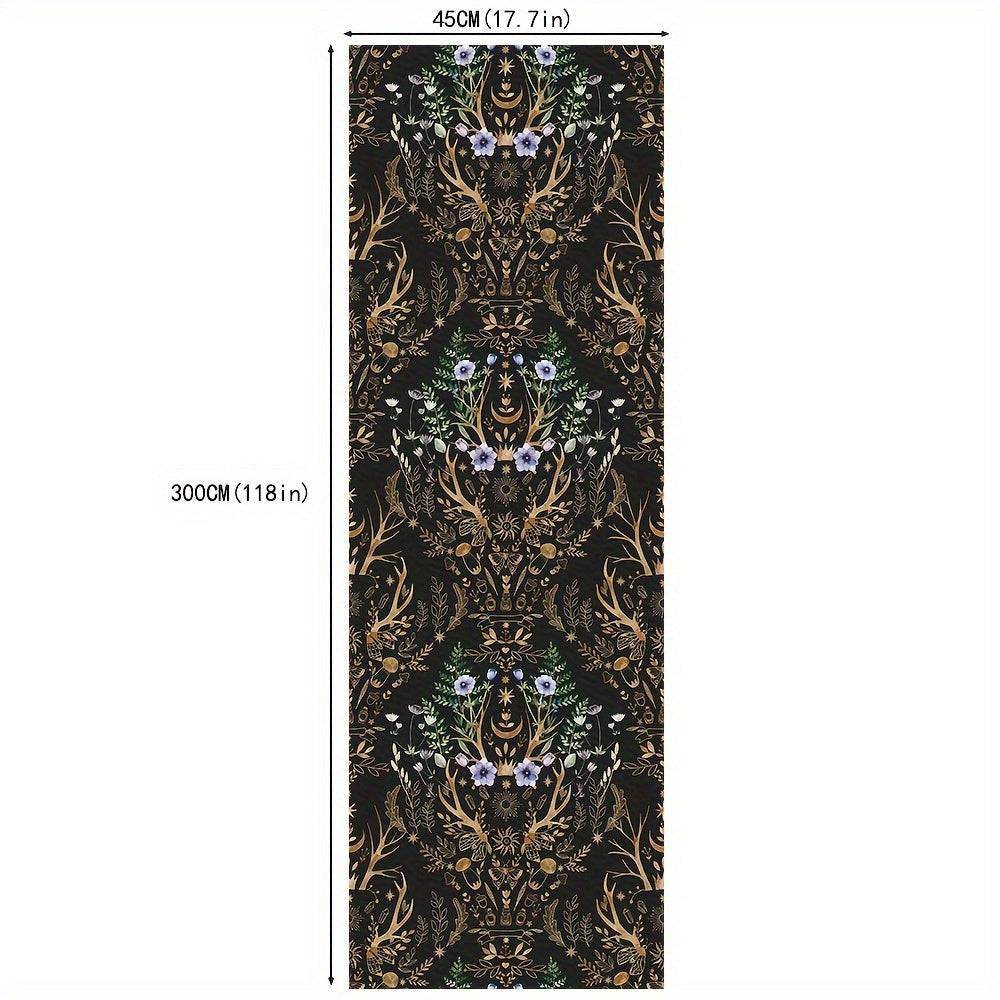 Gothic Mystical Forest Stag Antlers & Woodland Flowers Self Adhesive Wallpaper - Le Joyau Store - Black,Flowers,Removable,Retro,Vinyl - 17.7x118 inches