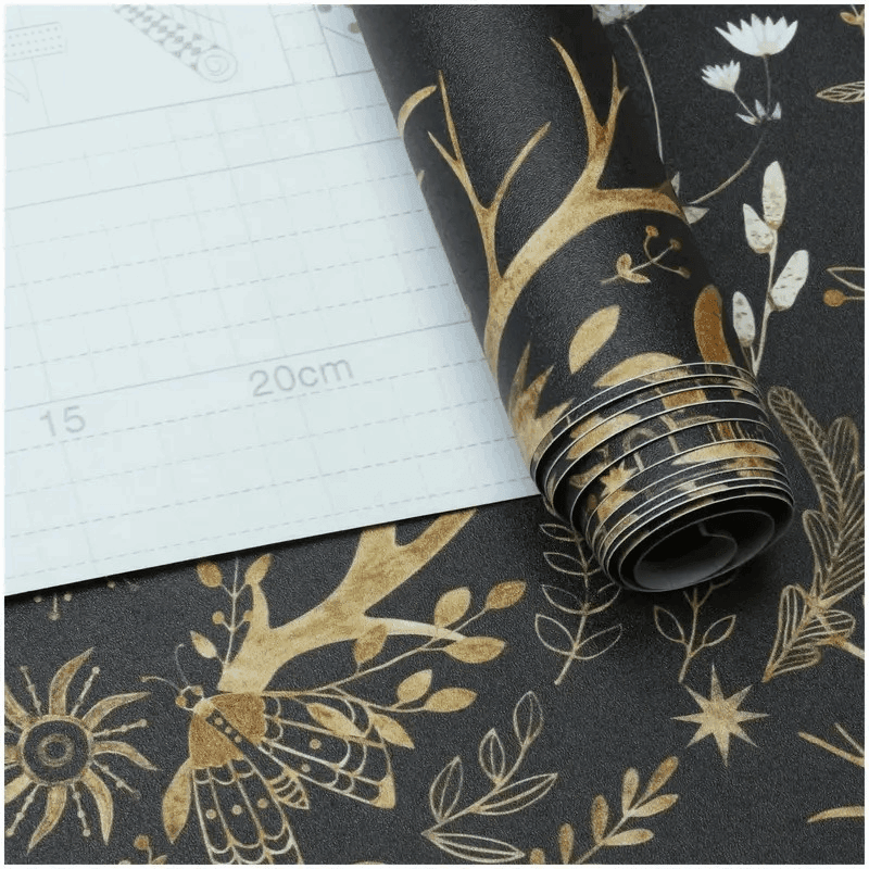 Gothic Mystical Forest Stag Antlers & Woodland Flowers Self Adhesive Wallpaper - Le Joyau Store - Black,Flowers,Removable,Retro,Vinyl - 17.7x118 inches