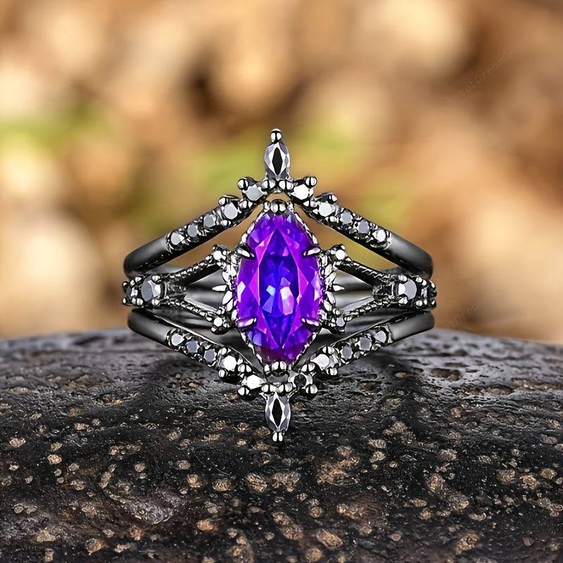 Luxury Marquis Shaped Zirconia Black Band Gothic Ring Set (4pcs) - Le Joyau Store - black,elegant,engagement,vintage,zirconia - 6