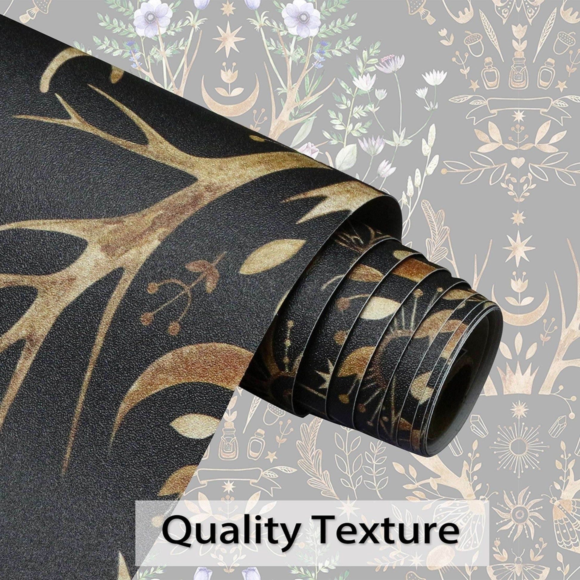 Gothic Mystical Forest Stag Antlers & Woodland Flowers Self Adhesive Wallpaper - Le Joyau Store - Black,Flowers,Removable,Retro,Vinyl - 17.7x118 inches