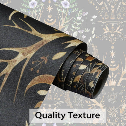 Gothic Mystical Forest Stag Antlers & Woodland Flowers Self Adhesive Wallpaper - Le Joyau Store - Black,Flowers,Removable,Retro,Vinyl - 17.7x118 inches