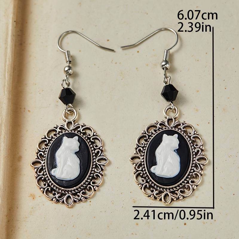 Gothic Black & White Cat Vintage Filigree Cameo Women's Dangle Earrings - Le Joyau Store - beaded,black,vintage - 