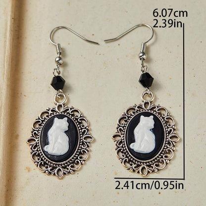 Gothic Black & White Cat Vintage Filigree Cameo Women's Dangle Earrings - Le Joyau Store - beaded,black,vintage - 