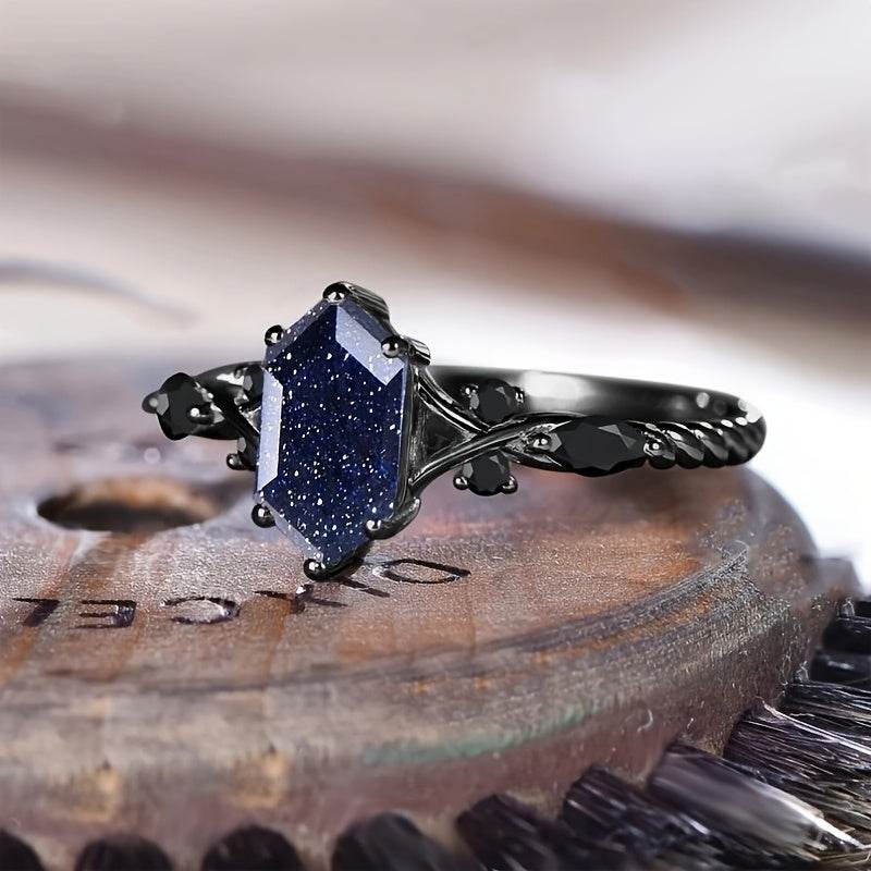 Night Sky Gothic Midnight Blue & Silver Hexagonal Cubic Zirconia Women's Ring - Le Joyau Store - Black Band,Blue Gem,Cubic Zirconia,Elegant - 6
