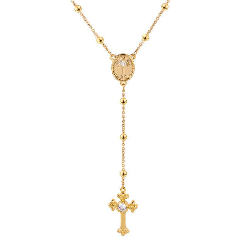 Italian 925 Sterling Silver Y-Shaped Religious Rosary Cross Necklace - Le Joyau Store - rosary,silver,zircon - Gold