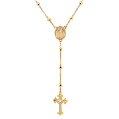 Italian 925 Sterling Silver Y-Shaped Religious Rosary Cross Necklace - Le Joyau Store - rosary,silver,zircon - Gold